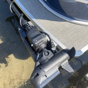 Close up of Turtle Back Trolling Motor Mount installed on pontoon boat